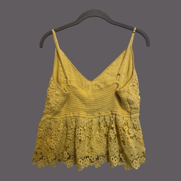 Abercrombie & Fitch Y2K Babydoll Smocked Yellow Floral Lace Semi Crop Top XL - Picture 2 of 8